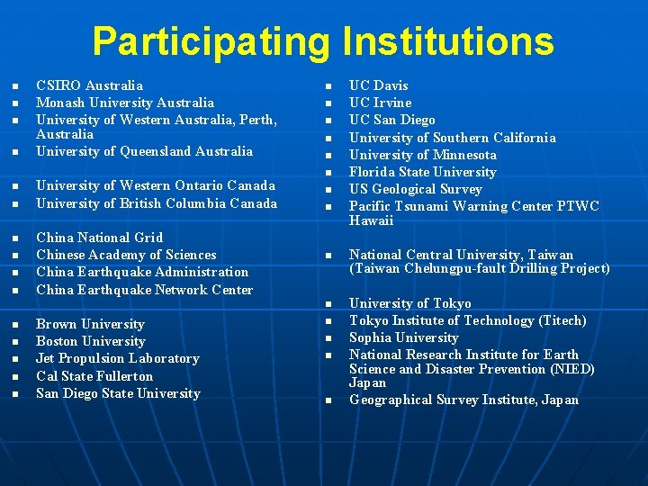 Participating Institutions n n n n n CSIRO Australia Monash University Australia University of