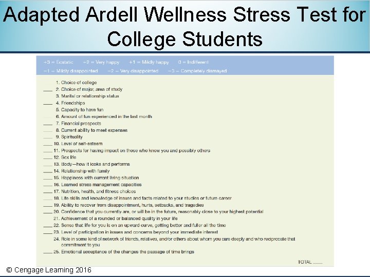 Adapted Ardell Wellness Stress Test for College Students © Cengage Learning 2016 