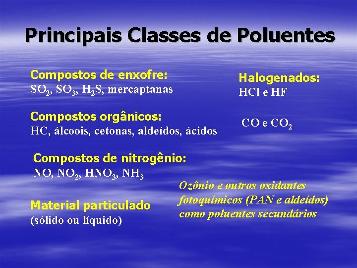 Principais Classes de Poluentes Compostos de enxofre: SO 2, SO 3, H 2 S,