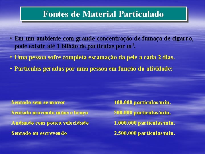 Fontes de Material Particulado • Em um ambiente com grande concentração de fumaça de