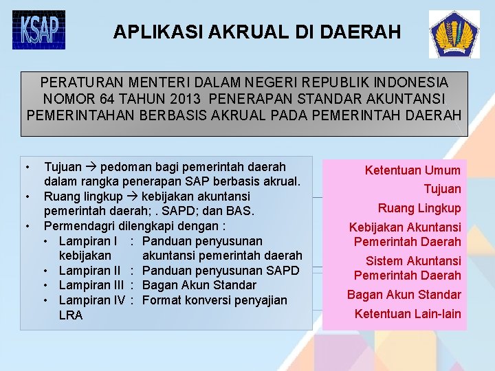 APLIKASI AKRUAL DI DAERAH PERATURAN MENTERI DALAM NEGERI REPUBLIK INDONESIA NOMOR 64 TAHUN 2013 APLIKASI AKRUAL DI DAERAH PERATURAN MENTERI DALAM NEGERI REPUBLIK INDONESIA NOMOR 64 TAHUN 2013
