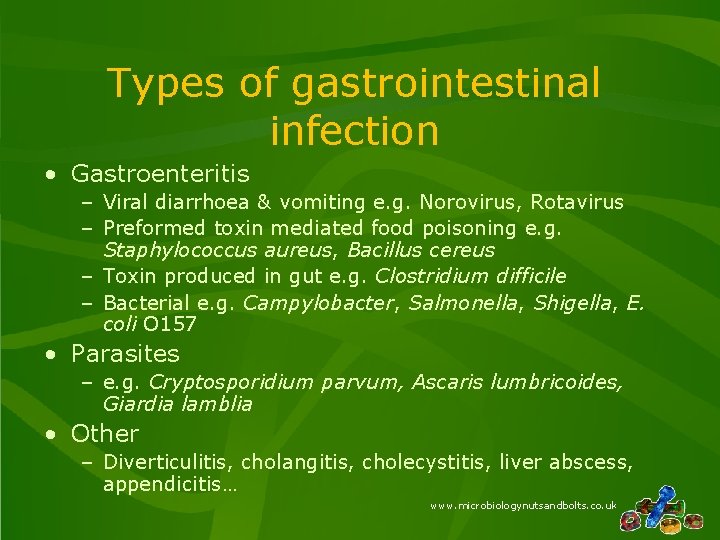 Types of gastrointestinal infection • Gastroenteritis – Viral diarrhoea & vomiting e. g. Norovirus, Types of gastrointestinal infection • Gastroenteritis – Viral diarrhoea & vomiting e. g. Norovirus,