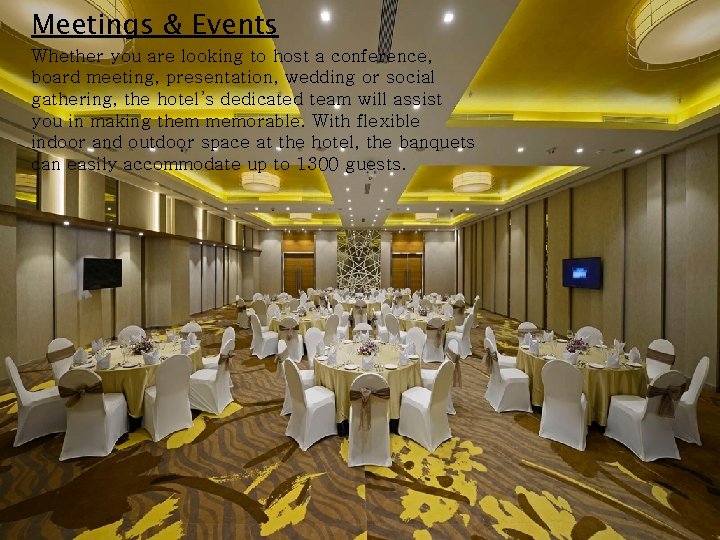 Meetings & Events Whether you are looking to host a conference, board meeting, presentation,