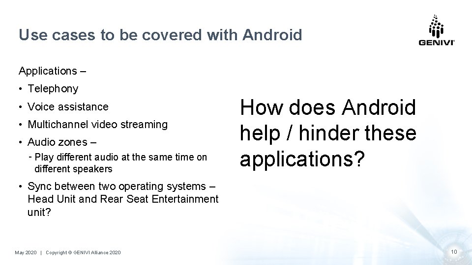 Use cases to be covered with Android Applications – • Telephony • Voice assistance