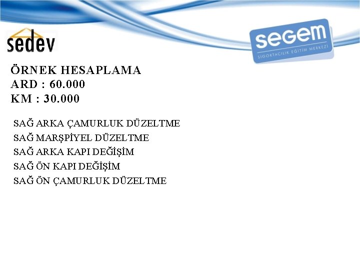 ÖRNEK HESAPLAMA ARD : 60. 000 KM : 30. 000 SAĞ ARKA ÇAMURLUK DÜZELTME