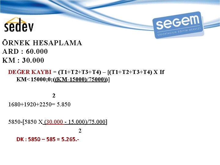 ÖRNEK HESAPLAMA ARD : 60. 000 KM : 30. 000 DEĞER KAYBI = (T