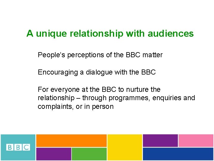 A unique relationship with audiences People’s perceptions of the BBC matter Encouraging a dialogue