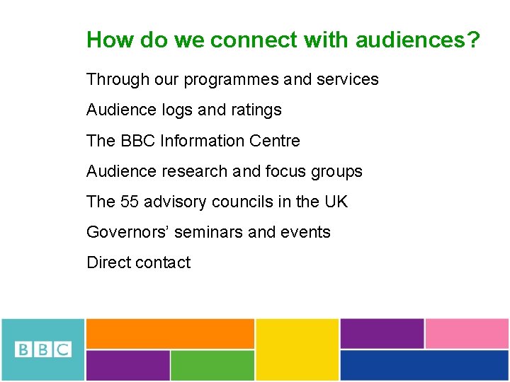 How do we connect with audiences? Through our programmes and services Audience logs and