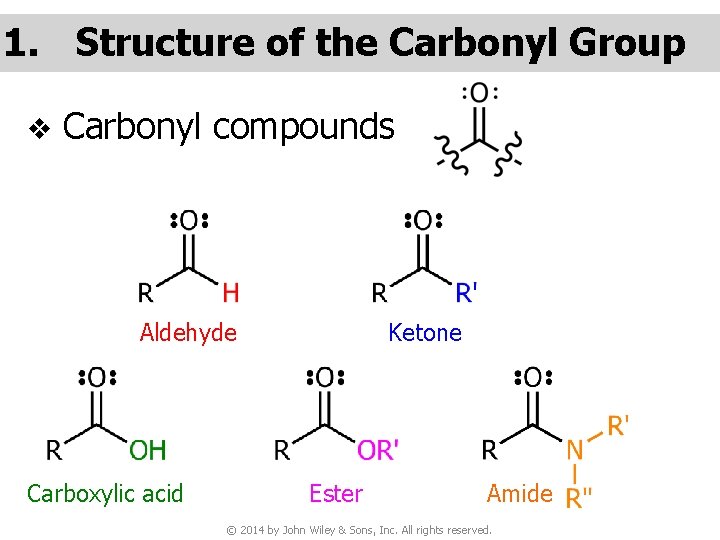 1. Structure of the Carbonyl Group v Carbonyl compounds Aldehyde Carboxylic acid Ketone Ester