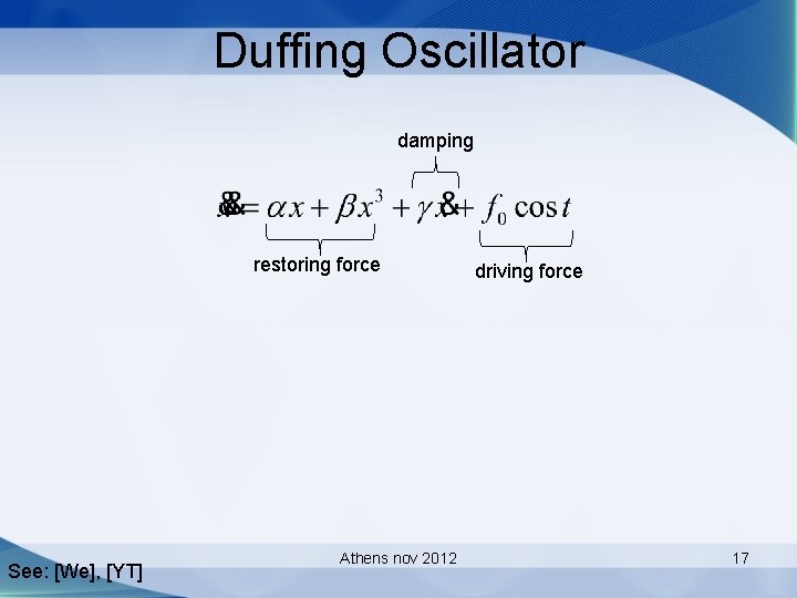 Duffing Oscillator damping restoring force See: [We], [YT] Athens nov 2012 driving force 17