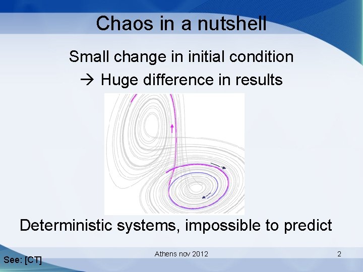 Chaos in a nutshell Small change in initial condition Huge difference in results Deterministic