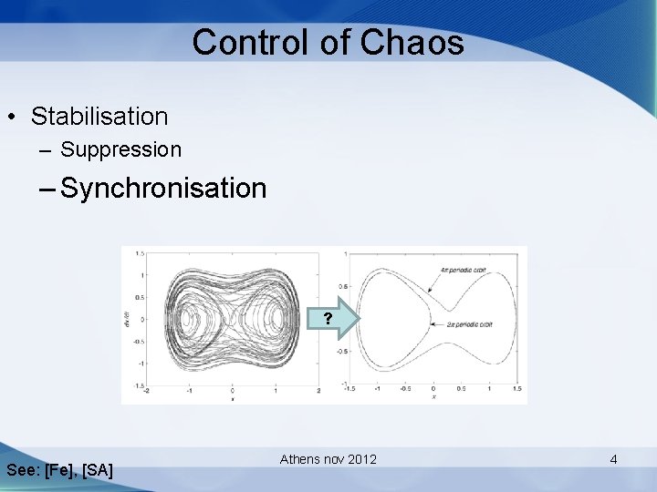 Control of Chaos • Stabilisation – Suppression – Synchronisation ? See: [Fe], [SA] Athens