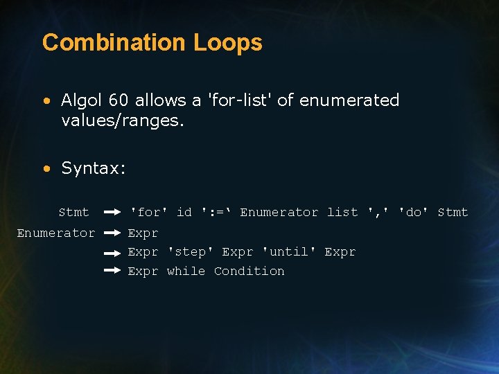 Combination Loops • Algol 60 allows a 'for-list' of enumerated values/ranges. • Syntax: Stmt