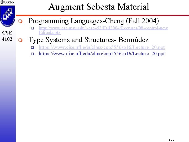 Augment Sebesta Material m CSE 4102 m Programming Languages-Cheng (Fall 2004) q http: //www.