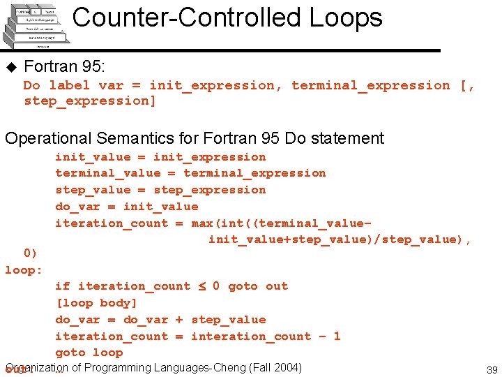 Counter-Controlled Loops u Fortran 95: Do label var = init_expression, terminal_expression [, step_expression] Operational