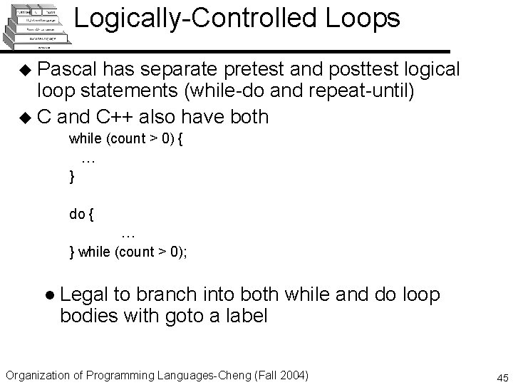 Logically-Controlled Loops u Pascal has separate pretest and posttest logical loop statements (while-do and
