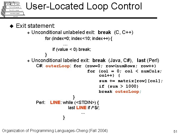 User-Located Loop Control u Exit statement: v Unconditional unlabeled exit: break (C, C++) for