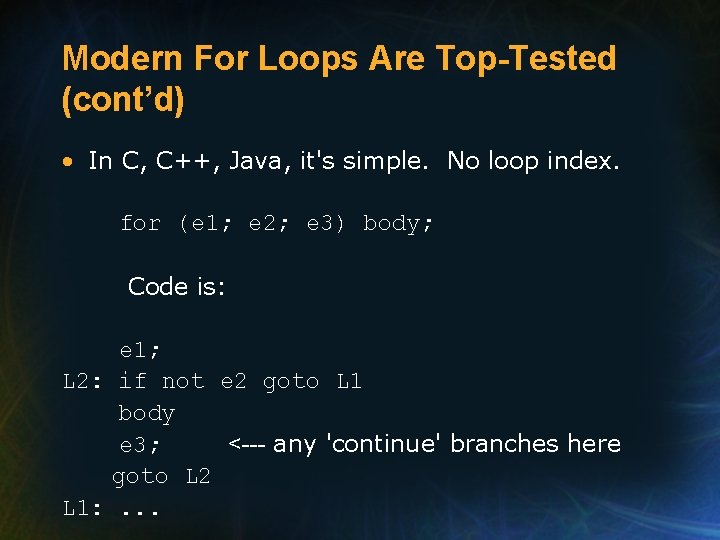 Modern For Loops Are Top-Tested (cont’d) • In C, C++, Java, it's simple. No