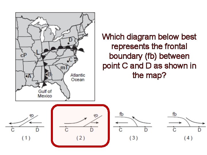 Which diagram below best represents the frontal boundary (fb) between point C and D