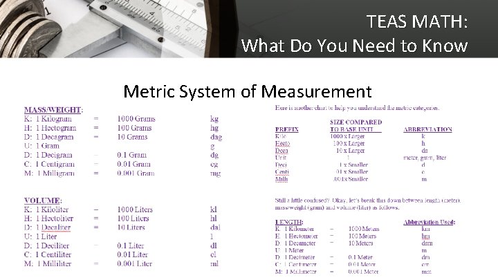 TEAS MATH: What Do You Need to Know Metric System of Measurement 