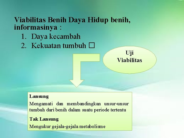 Viabilitas Benih Daya Hidup benih, informasinya : 1. Daya kecambah 2. Kekuatan tumbuh �