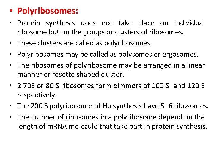  • Polyribosomes: • Protein synthesis does not take place on individual ribosome but