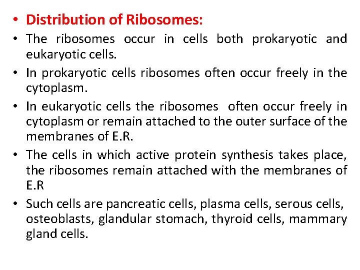  • Distribution of Ribosomes: • The ribosomes occur in cells both prokaryotic and