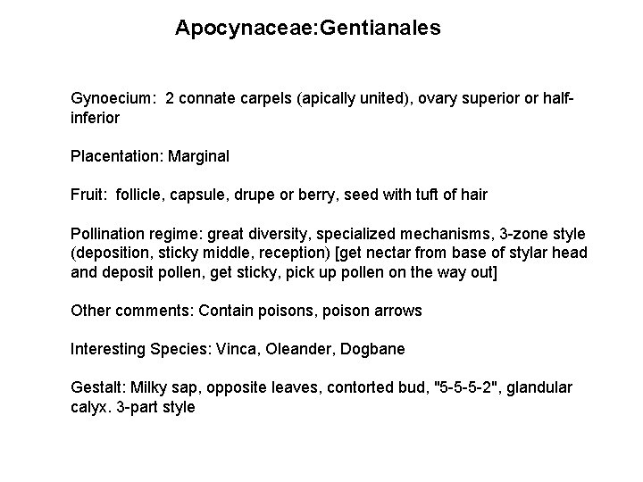 Apocynaceae: Gentianales Gynoecium: 2 connate carpels (apically united), ovary superior or halfinferior Placentation: Marginal