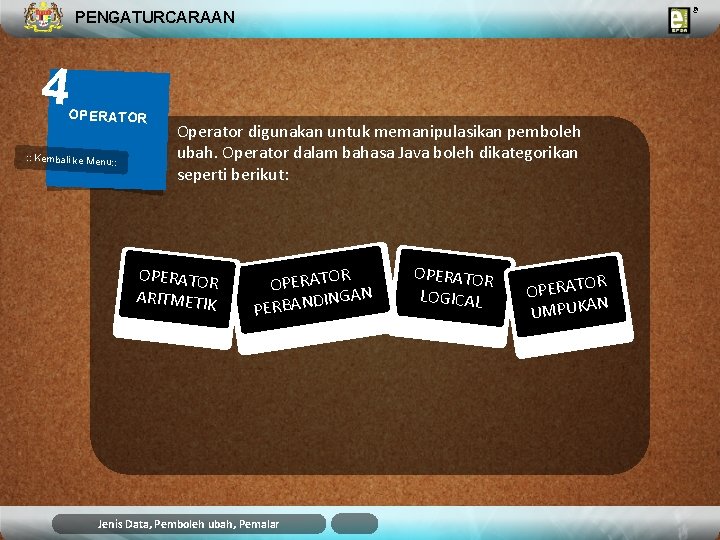 PENGATURCARAAN 4 OPERATOR : : Kembali ke Menu: : Operator digunakan untuk memanipulasikan pemboleh PENGATURCARAAN 4 OPERATOR : : Kembali ke Menu: : Operator digunakan untuk memanipulasikan pemboleh