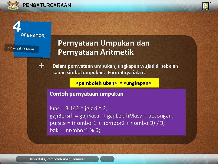 PENGATURCARAAN 4 OPERATOR : : Kembali ke Menu: : + Pernyataan Umpukan dan Pernyataan PENGATURCARAAN 4 OPERATOR : : Kembali ke Menu: : + Pernyataan Umpukan dan Pernyataan