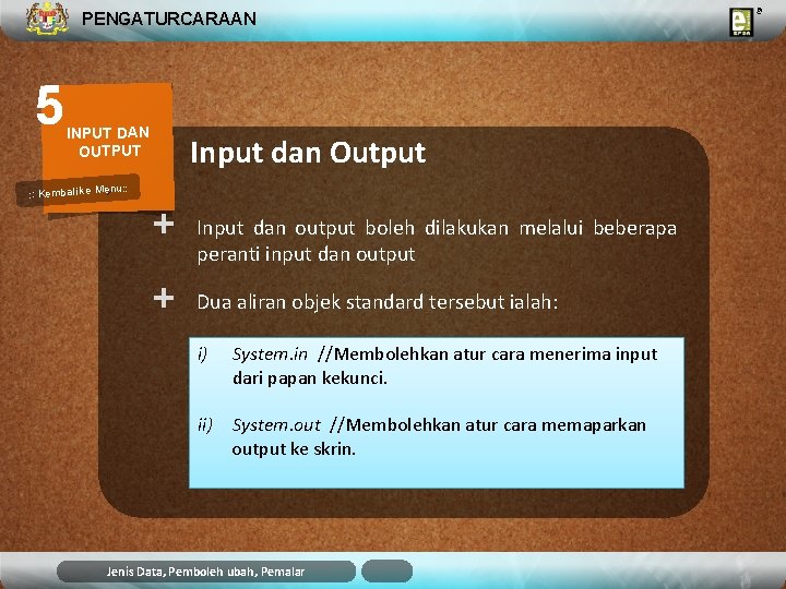 PENGATURCARAAN 5 INPUT DAN OUTPUT Input dan Output u: : Kembali ke Men + PENGATURCARAAN 5 INPUT DAN OUTPUT Input dan Output u: : Kembali ke Men +