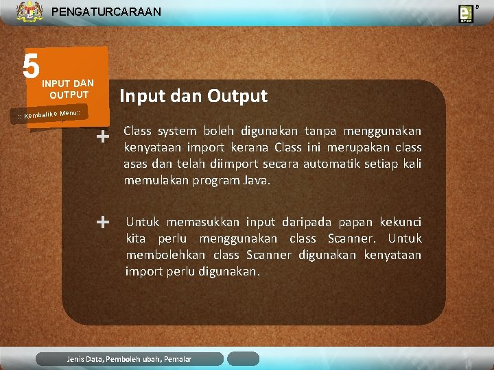 PENGATURCARAAN 5 INPUT DAN OUTPUT Input dan Output u: : Kembali ke Men +