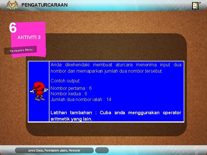 PENGATURCARAAN 6 AKTIVITI 3 u: : Kembali ke Men Anda dikehendaki membuat aturcara menerima PENGATURCARAAN 6 AKTIVITI 3 u: : Kembali ke Men Anda dikehendaki membuat aturcara menerima