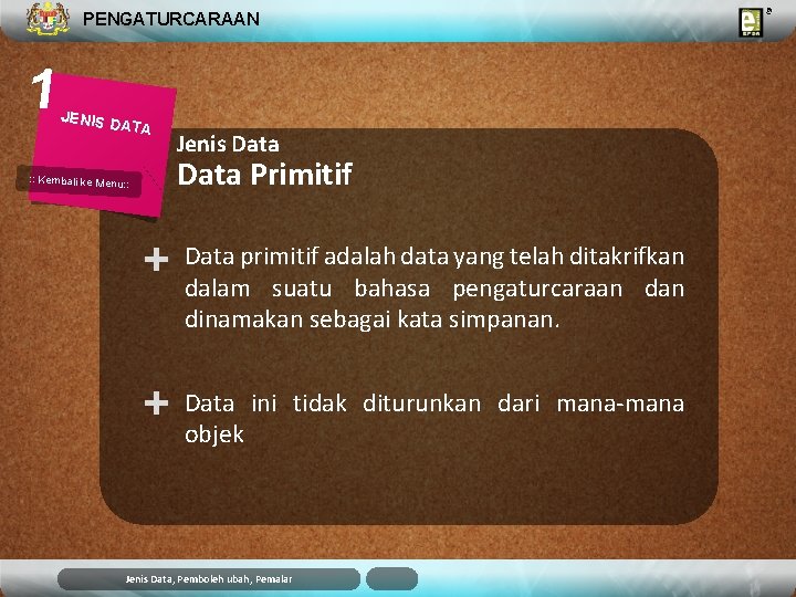 PENGATURCARAAN 1 JENIS D ATA : : Kembali ke Menu: : Jenis Data Primitif PENGATURCARAAN 1 JENIS D ATA : : Kembali ke Menu: : Jenis Data Primitif