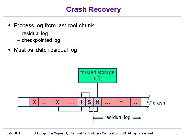Crash Recovery Process log from last root chunk – residual log – checkpointed log