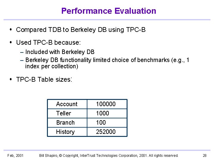 Performance Evaluation Compared TDB to Berkeley DB using TPC-B Used TPC-B because: – Included