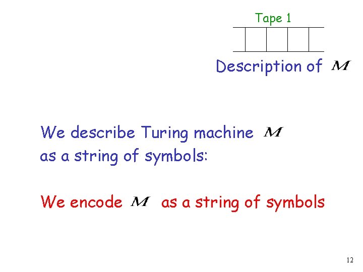 Tape 1 Description of We describe Turing machine as a string of symbols: We