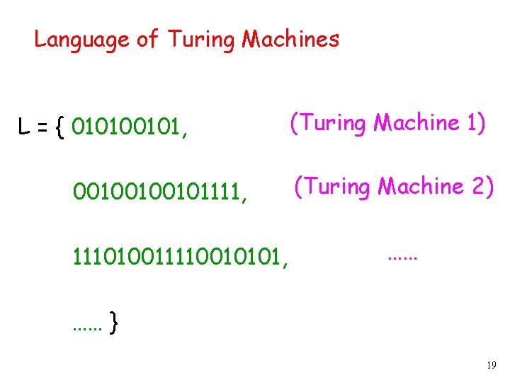 Language of Turing Machines L = { 010100101, 00100100101111, 111010011110010101, (Turing Machine 1) (Turing