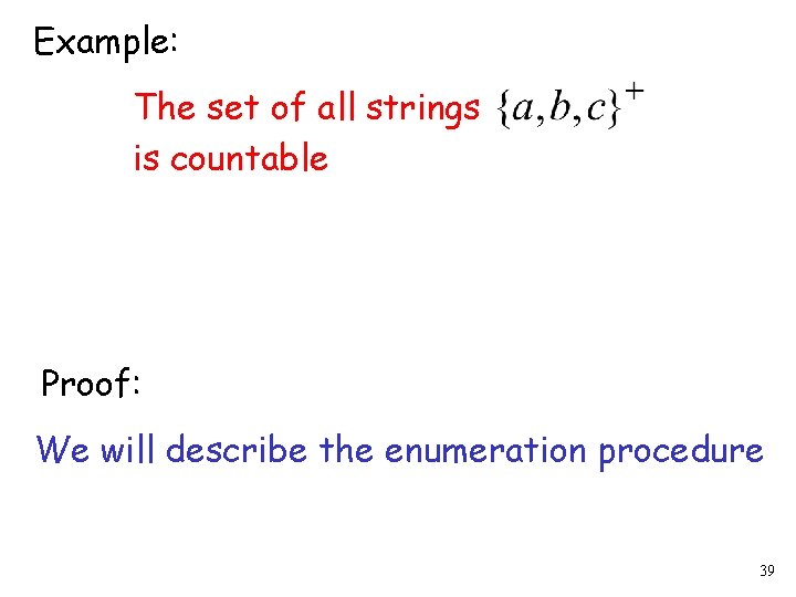 Example: The set of all strings is countable Proof: We will describe the enumeration