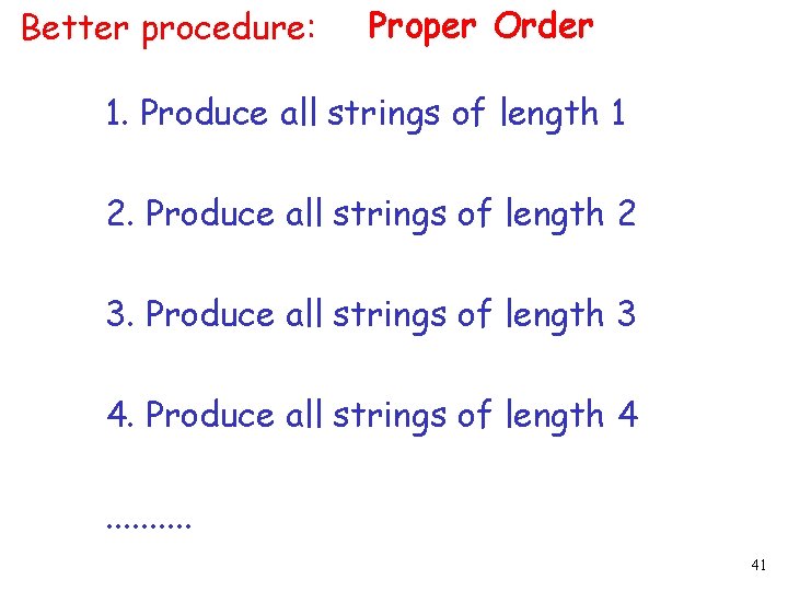 Better procedure: Proper Order 1. Produce all strings of length 1 2. Produce all Better procedure: Proper Order 1. Produce all strings of length 1 2. Produce all