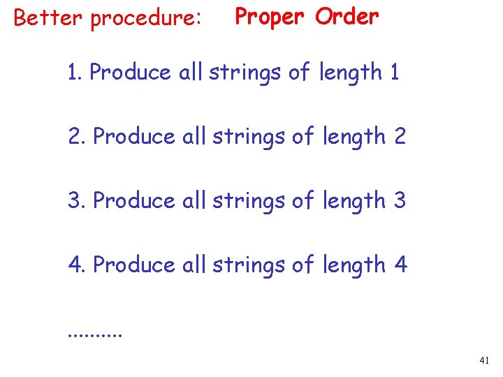 Better procedure: Proper Order 1. Produce all strings of length 1 2. Produce all