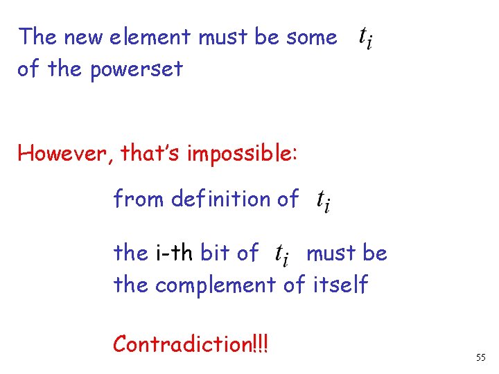 The new element must be some of the powerset However, that’s impossible: from definition The new element must be some of the powerset However, that’s impossible: from definition
