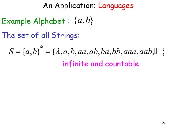An Application: Languages Example Alphabet : The set of all Strings: infinite and countable An Application: Languages Example Alphabet : The set of all Strings: infinite and countable