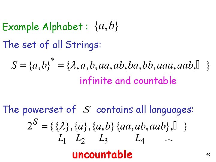 Example Alphabet : The set of all Strings: infinite and countable The powerset of Example Alphabet : The set of all Strings: infinite and countable The powerset of