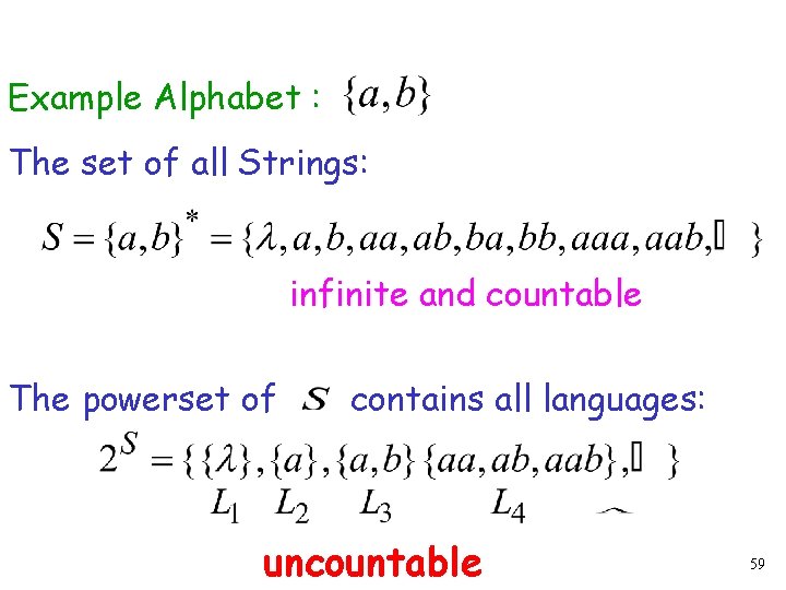 Example Alphabet : The set of all Strings: infinite and countable The powerset of