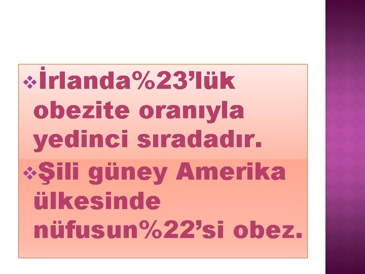 vİrlanda%23’lük obezite oranıyla yedinci sıradadır. vŞili güney Amerika ülkesinde nüfusun%22’si obez. 