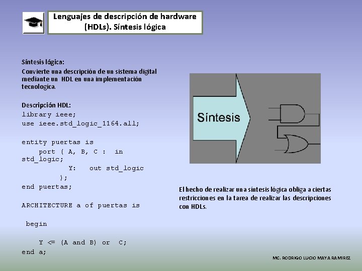 Lenguajes de descripción de hardware (HDLs). Síntesis lógica: Convierte una descripción de un sistema