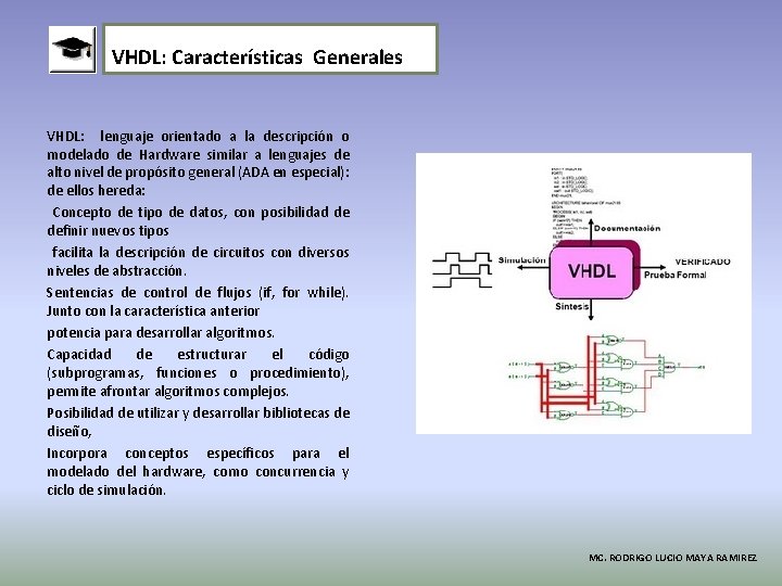 VHDL: Características Generales VHDL: lenguaje orientado a la descripción o modelado de Hardware similar