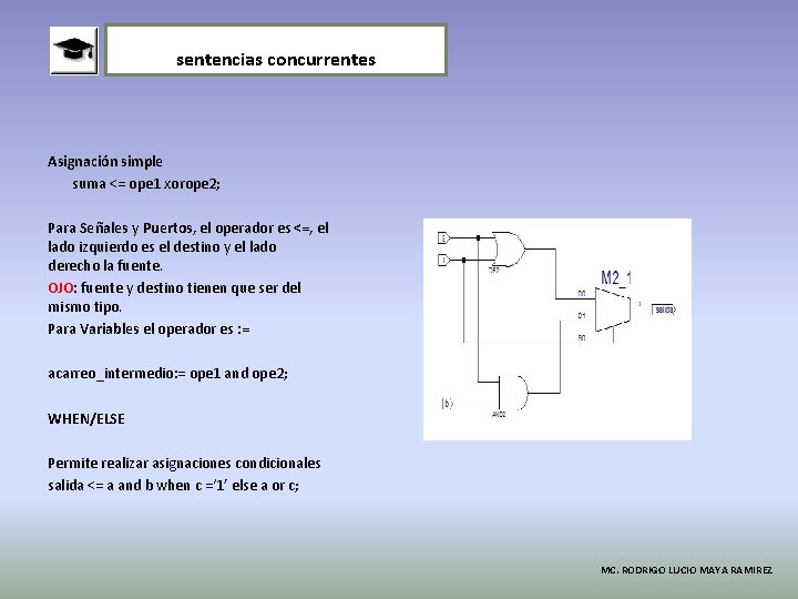 sentencias concurrentes Asignación simple suma <= ope 1 xorope 2; Para Señales y Puertos,