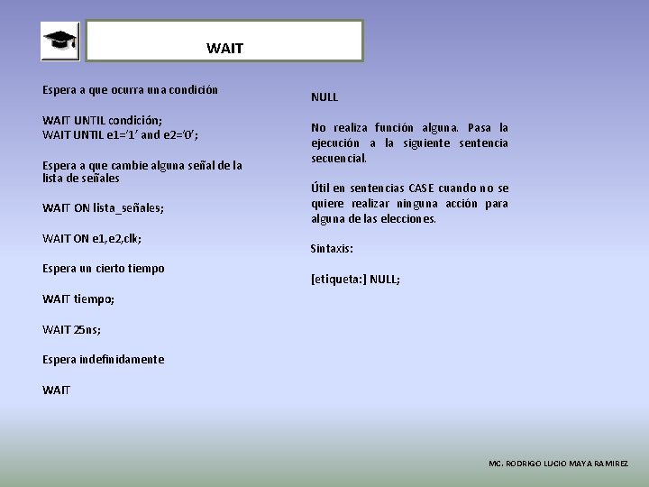 WAIT Espera a que ocurra una condición WAIT UNTIL condición; WAIT UNTIL e 1=‘